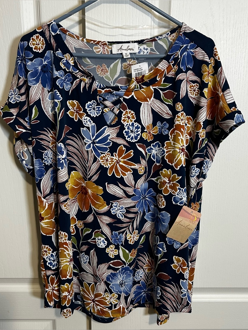 Anne Leslie Plus Size 2X Floral Blouse Navy Boho Criss Cross Lattice V-Neck